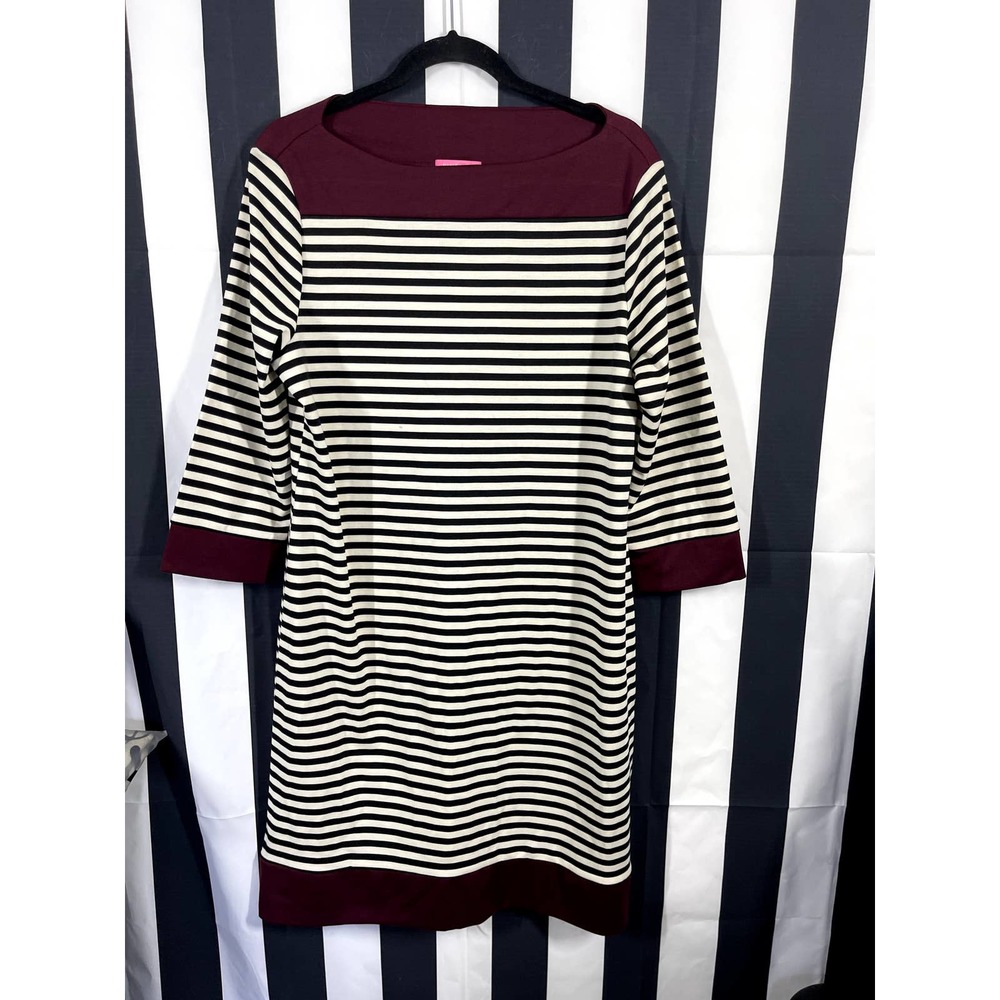 ISAAC MIZRAHI Boat Neck Striped Sheath Dress in Plum White and Black Size XL